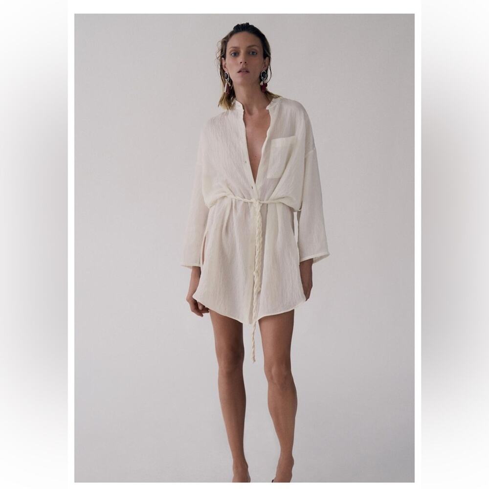Zara Ivory Textured Oversized Button Front Shirt Mini Dress